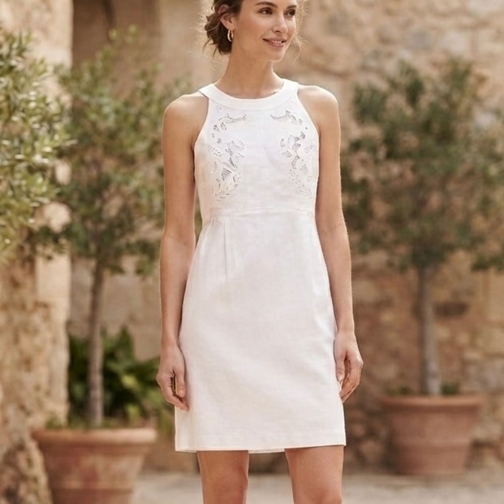 LOFT White Linen Blend Crochet Embroidered Lace Sleeveless Shift Dress Size‎ 4